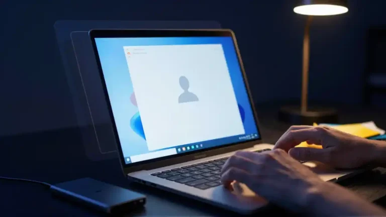 Laptop, profil użytkownika i zewnętrzny dysk do odzyskania plików