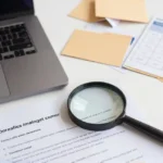Laptop z wyszukiwarką plików i dokumentami ułożonymi na biurku